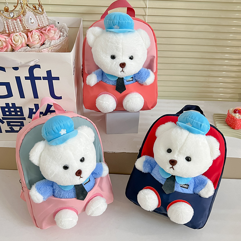 Children's schoolbags, cartoon police bear plush backpacks, kindergarten backpacks, nylon waterproof and wear-resistant small backpacks, cross-border full figure