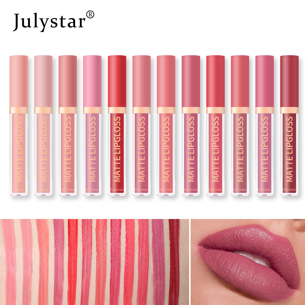 Julystar matte lip gloss matte lipstick does not stick to cups and does not fade easily. 12 colors of lip gloss makeup available Specification drawing