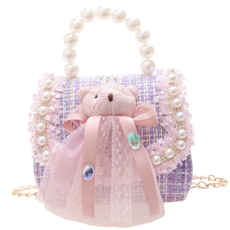Chanel-style girls' bag, bear doll crossbody bag, Korean-style fashionable children's single-shoulder bag, INS pearl handbag Item Picture