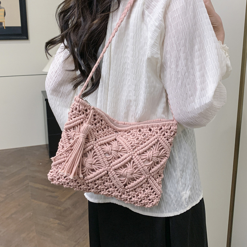 2025 Summer New Korean version forest-style handcrafted cotton rope tassel woven bag, single-shoulder straw woven bag, casual crossbody women's bag Specification drawing