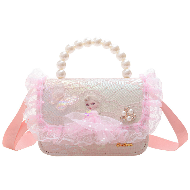 New children's bags: girls' single-shoulder bag, cute princess pearl handbag, bow lace crossbody bag, small square bag Item Picture