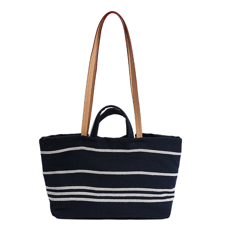 2025 New Korean version large-capacity tote bag, canvas bag, striped single-shoulder beach travel bag, simple crossbody bag for women Item Picture