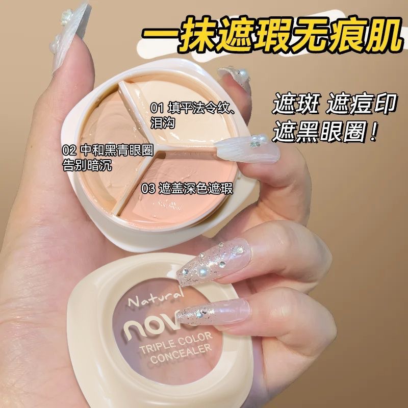 NOVO Moisturizing Three-Color Concealer covers facial spots, acne marks, dark circles, tear troughs, brightens the complexion and does not smudge full figure
