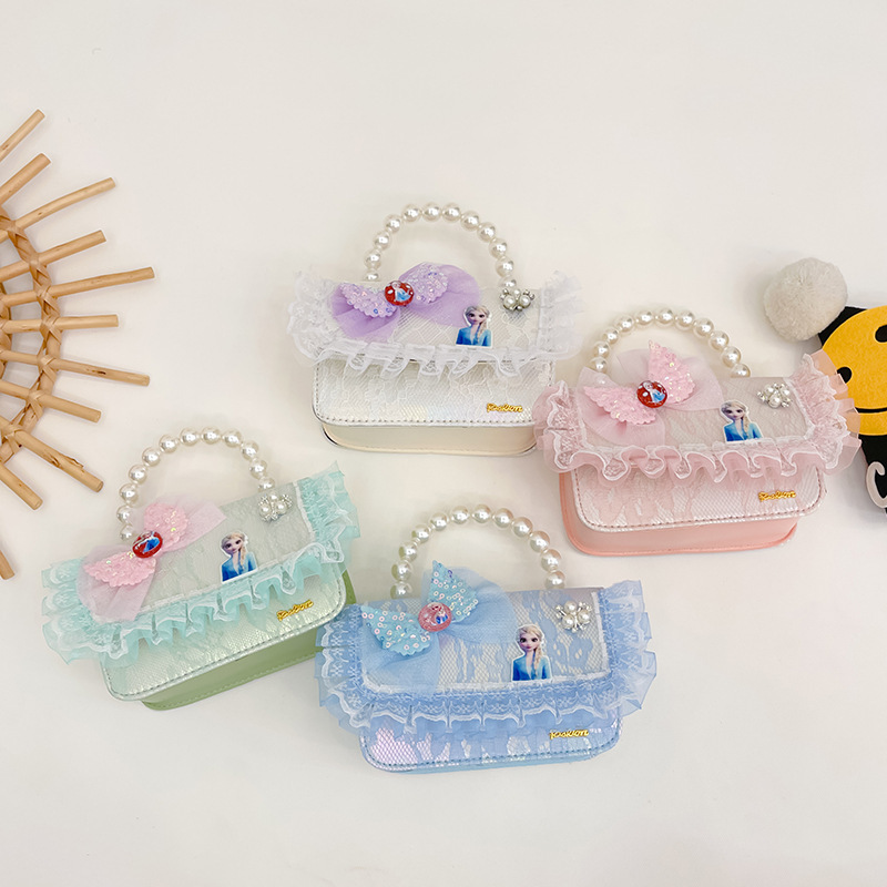 New children's bags: Princess pearl handbag, cute lace shoulder bag for girls, bow change crossbody bag full figure