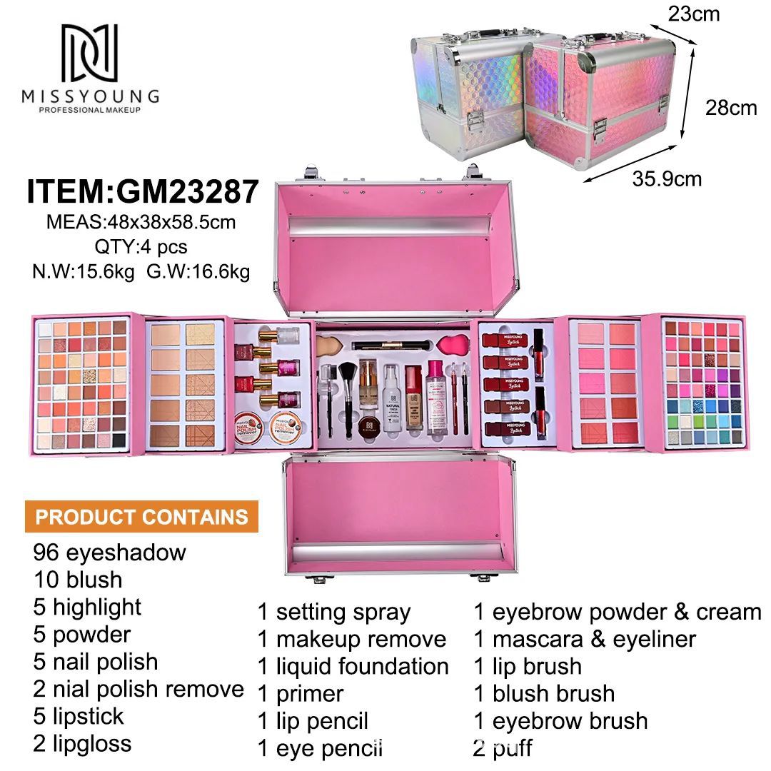 Miss Young's cross-border best-selling portable large-capacity reusable aluminum case pink and silver cosmetics and makeup full figure