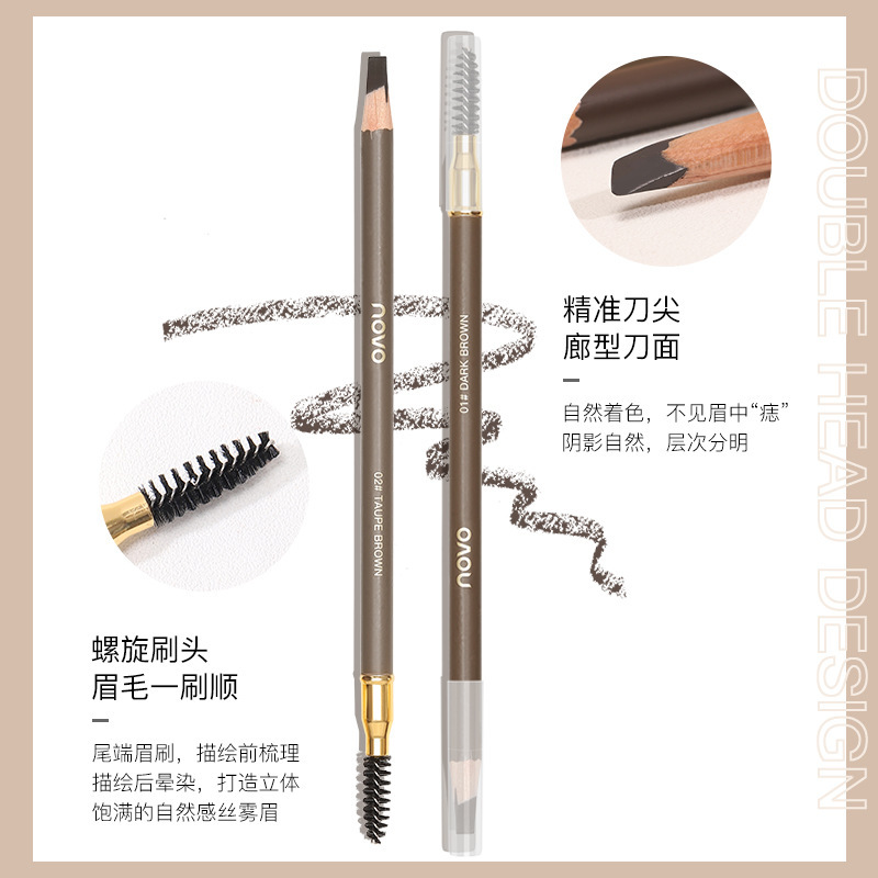 NOVO wooden hard-core double-ended eyebrow pencil is waterproof, sweat-proof, and does not fade. Each tip is distinct. It has a pencil style and can be used to shave duck beaks and flat heads details Picture
