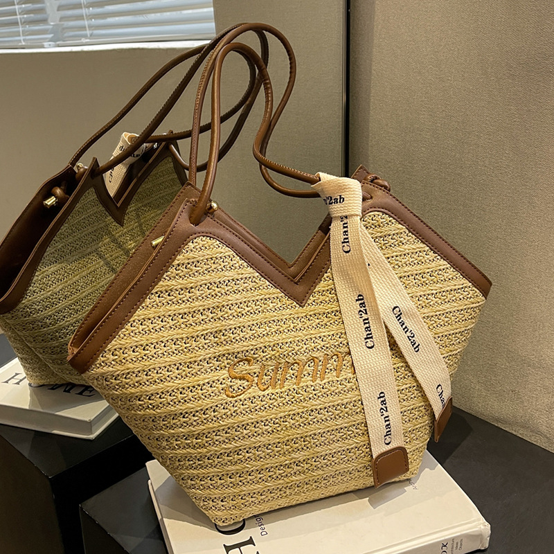 Summer large-capacity bag 2025 New straw woven bag for women, niche design single-shoulder bag, versatile woven tote bag Specification drawing