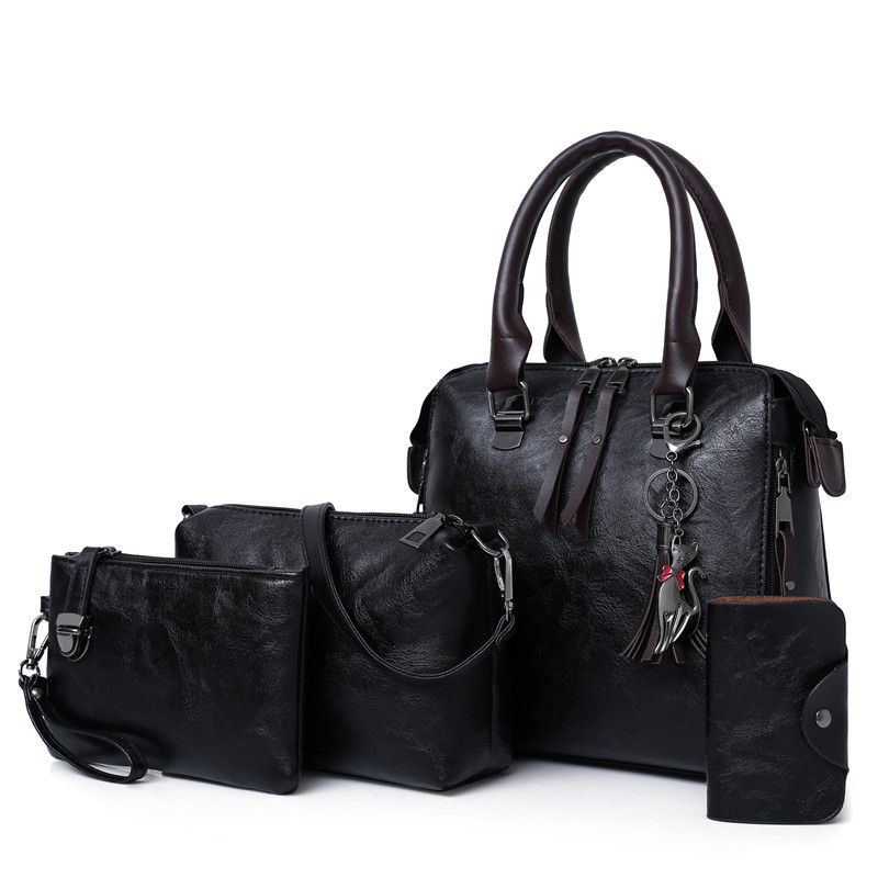 European and American retro cross-border wholesale women's bag 2023 new style mother-and-child bag oil leather single-shoulder four-piece women's handbag Item Picture