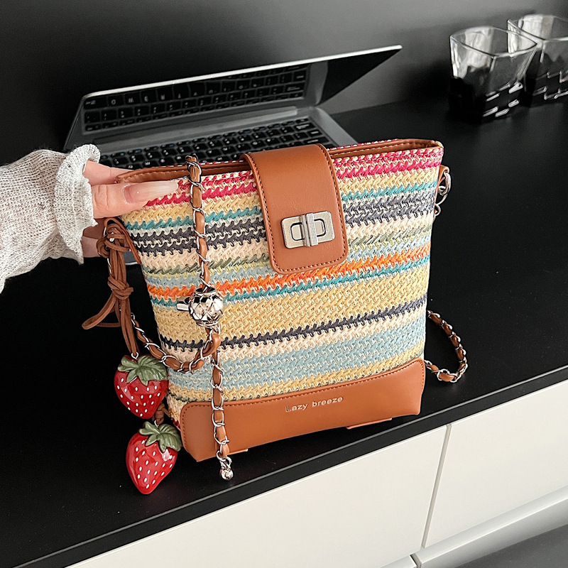 Seaside vacation beach rainbow woven bag for women 2025 Summer New style fashionable, simple, casual and high-quality single-shoulder bucket bag full figure