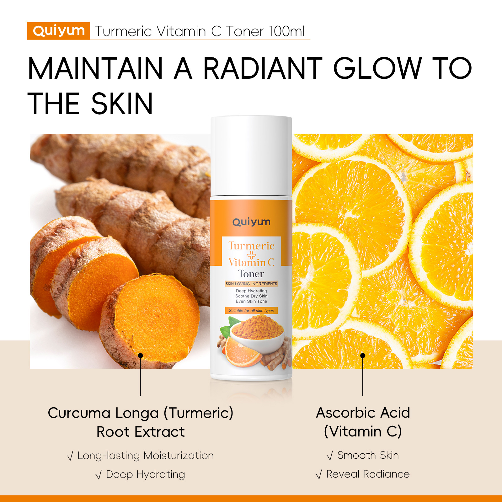 Cross-border new product QUIYUM Turmeric Vitamin c Toner 100ml for hydrating and moisturizing the face is available for wholesale from the manufacturer Application Scenario