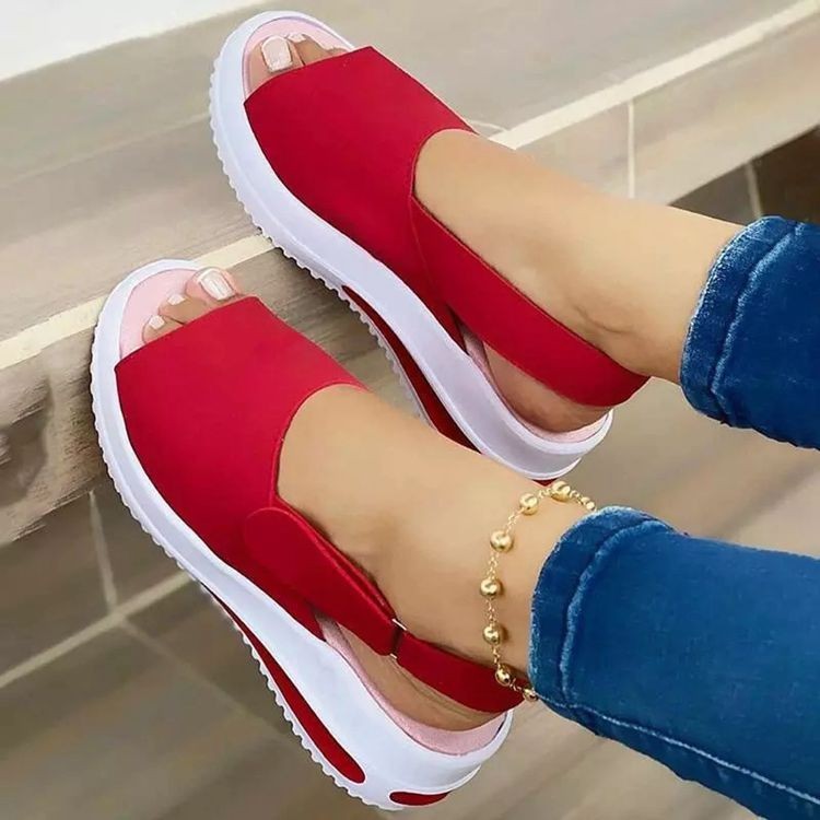 2021 Foreign trade new large-sized fish-mouth wedge heel shoes for women, thick-soled beach Velcro sandals in solid color, light opening single shoes for women Specification drawing