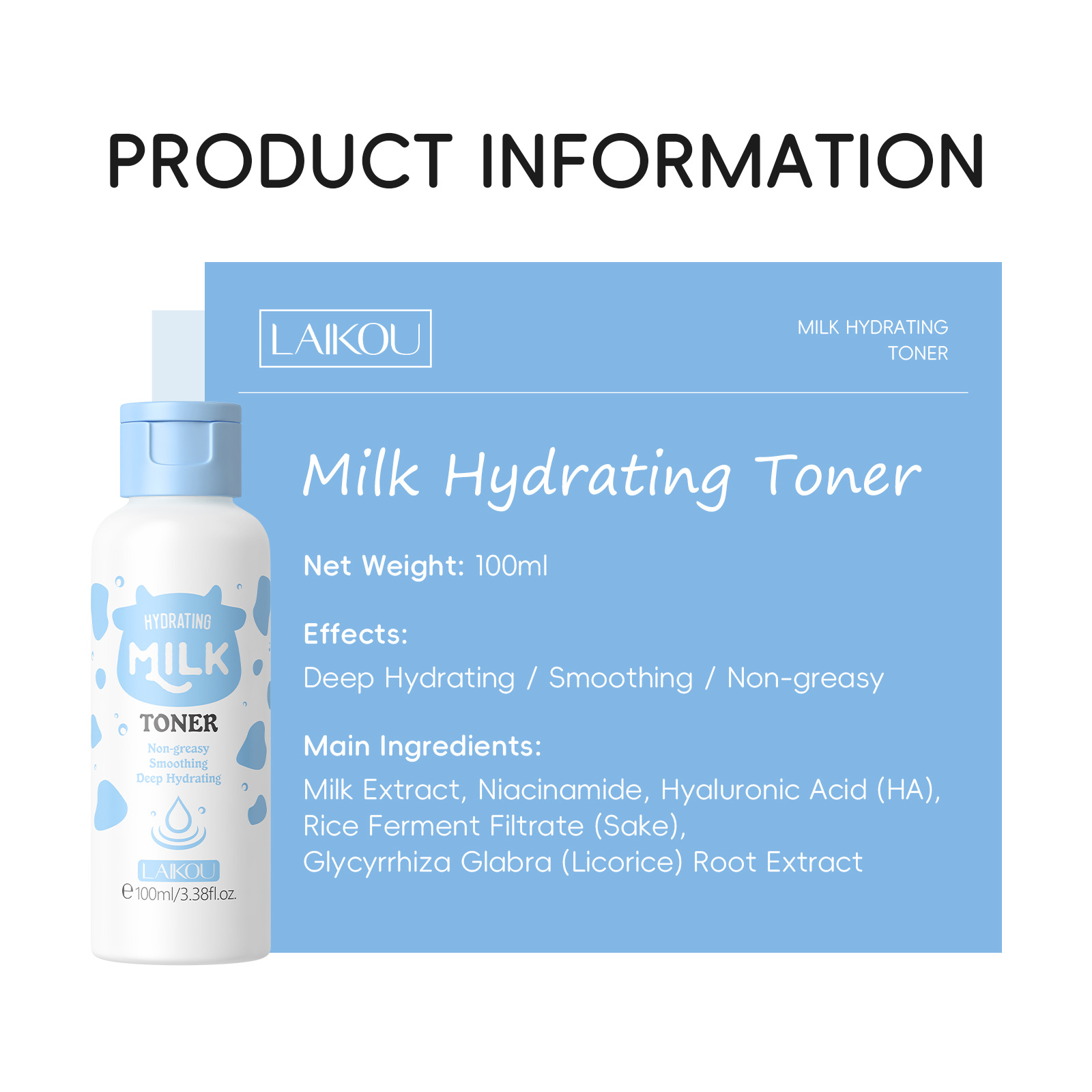 Cross-border LAIKOU Milk Toner 100ml Moisturizing, Hydrating and hydrating FDA skin care products in stock wholesale English details Picture