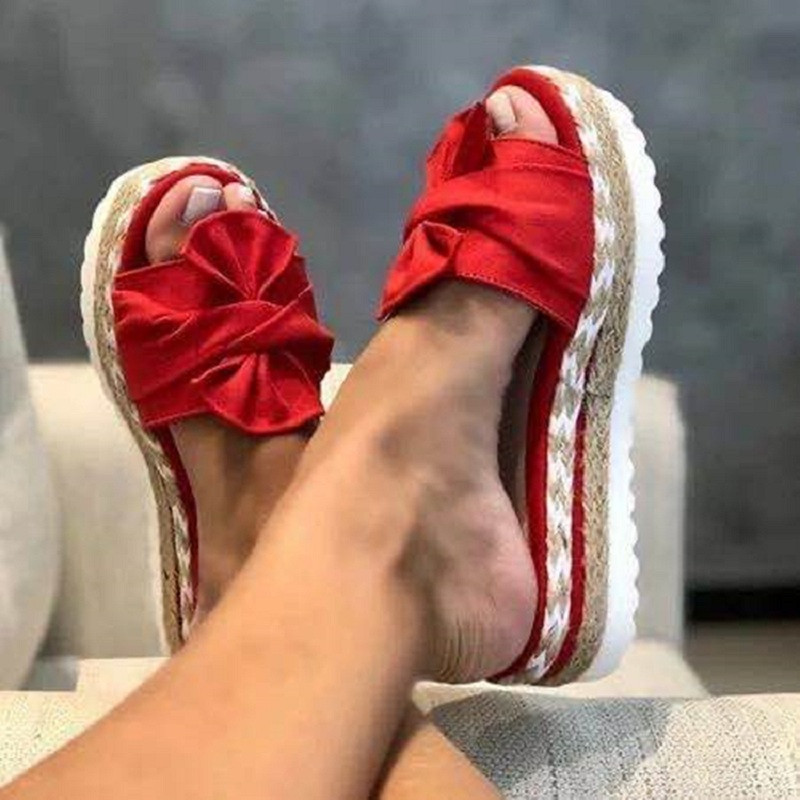 Summer wedge heel bow sandals for women, large-sized thick-soled rope beach shoes, large-sized women's shoes, size 43 wholesale Application Scenario