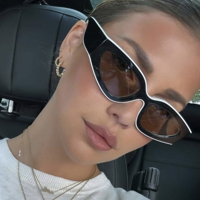 Panda-outlined color-blocking sunglasses, a simple 2025 new style of European and American fashion, versatile sunglasses, a trend for women's sunglasses details Picture