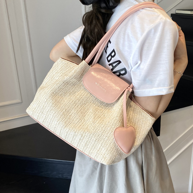 French niche straw woven large-capacity tote bag for women 2025 summer casual vacation beach woven single-shoulder bag trend Specification drawing