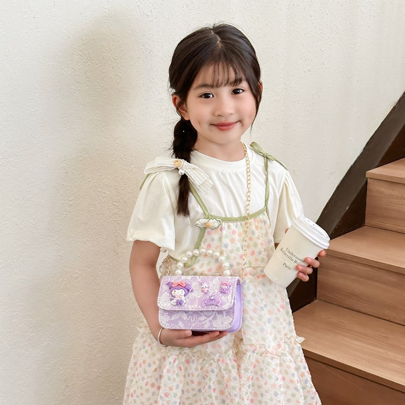 Children's chanel-style pearl handbag, fashionable cartoon girl shoulder bag, bow, versatile, baby coin purse, trendy Specification drawing