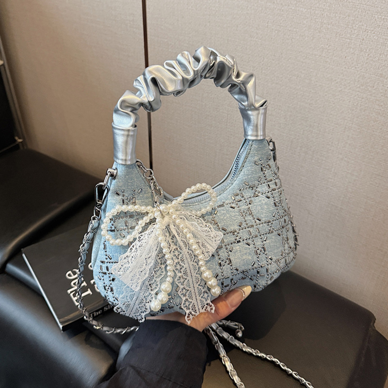 Summer handbag, women's hand-held underarm pillow bag, 2025 new diamond-patterned diamond denim blue single-shoulder fashionable crossbody bag full figure