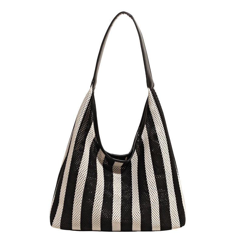 Korean summer new striped woven bag, casual vacation and laid-back style tote bag, hand and shoulder commuter tote bag Item Picture