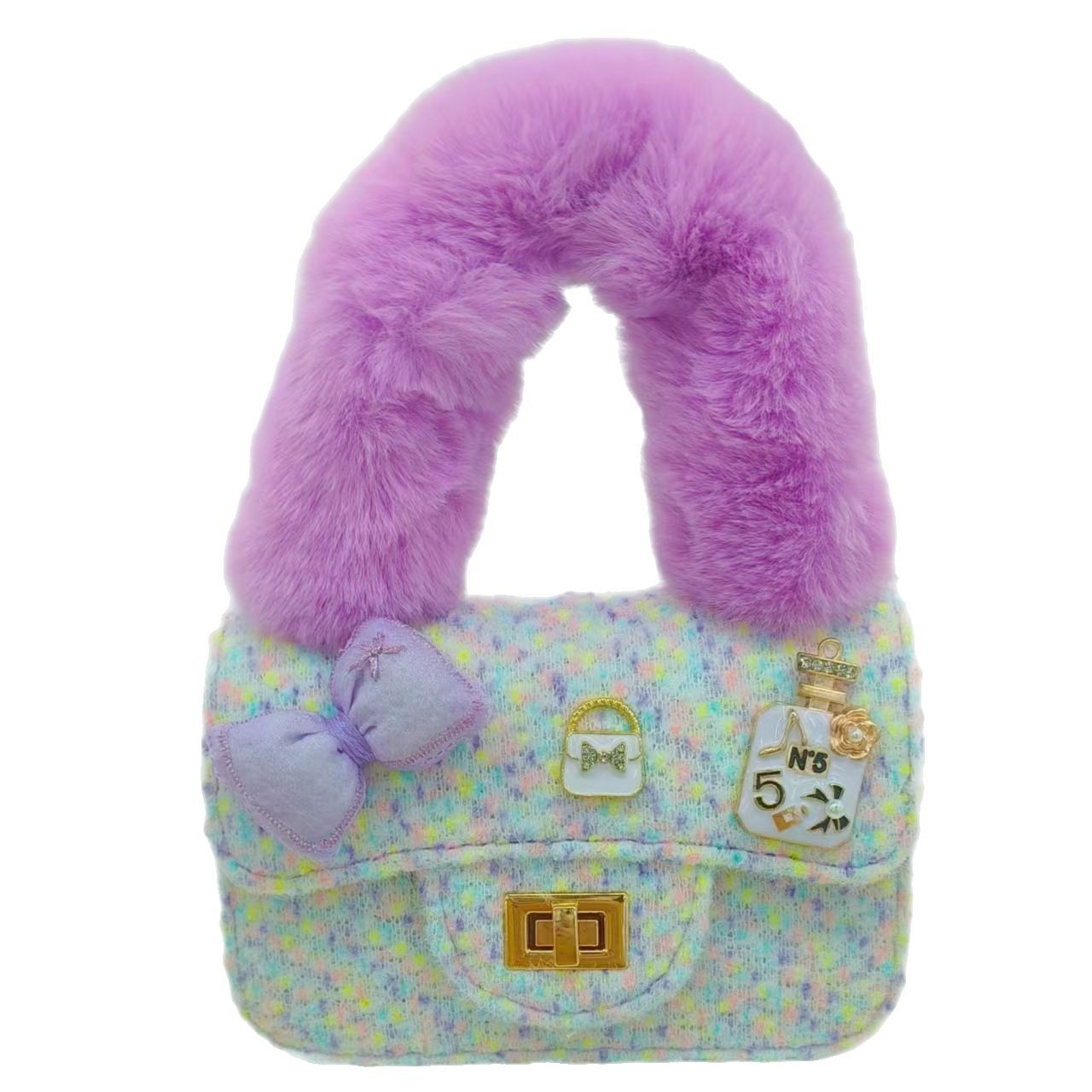 Bow plush handbag, little girl children's bag, single-shoulder bag, stylish crossbody bag, fashionable small square bag, coin purse Item Picture