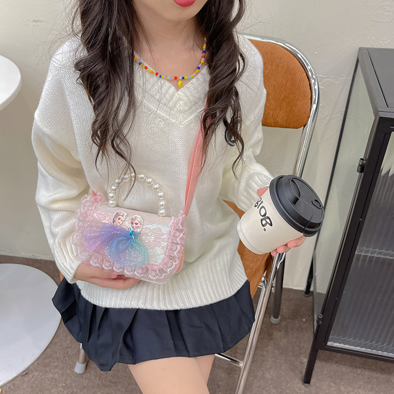 New children's bags, girls' crossbody small square bags, cute princess double-shoulder pearl handbags, lace single-shoulder bags wholesale Specification drawing