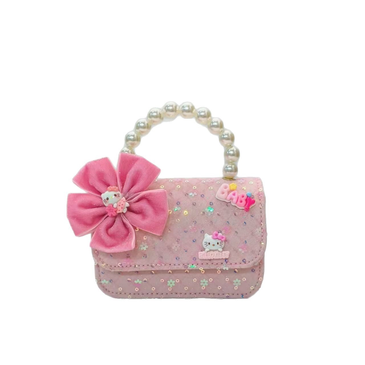 Bow pearl handbag, cartoon bag, children's bag, little girl's loose change accessory bag, chain bag, sequined small square bag Item Picture