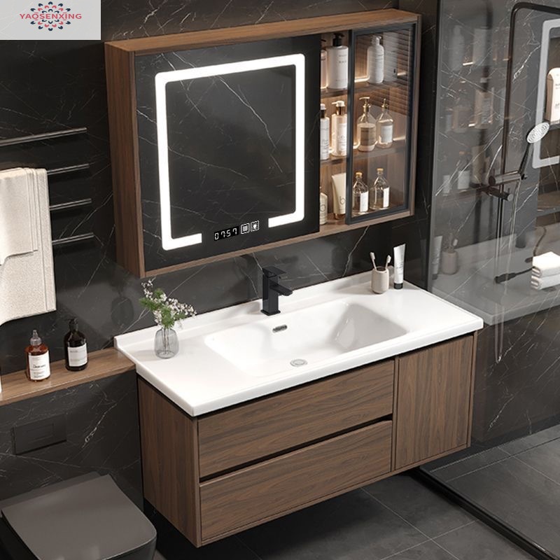 Peach-wood ceramic integrated basin, washbasin, bathroom, washstand, washbasin cabinet combination, smart bathroom cabinet set full figure