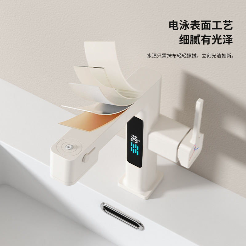 Milky white pull-out digital display washbasin faucet, cold and hot all-copper multi-functional gun gray top water outlet washbasin faucet Application Scenario