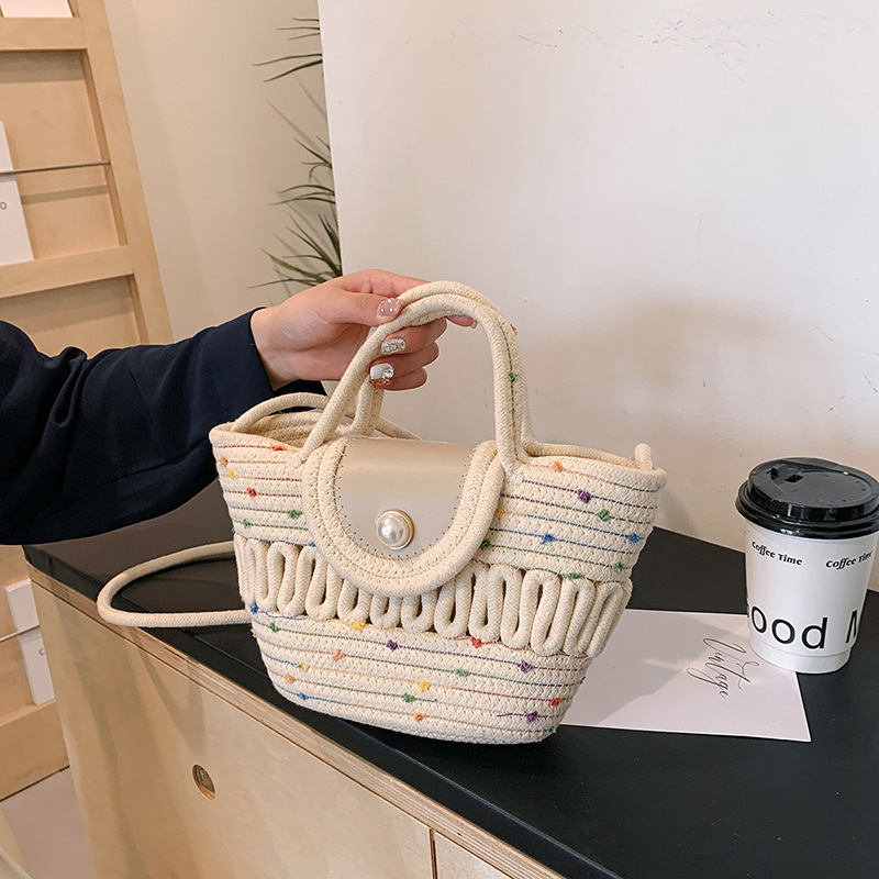 Handcrafted cotton rope crossbody bag 2024 new style French colorful dot woven bag, fashionable pearl handbag for women details Picture