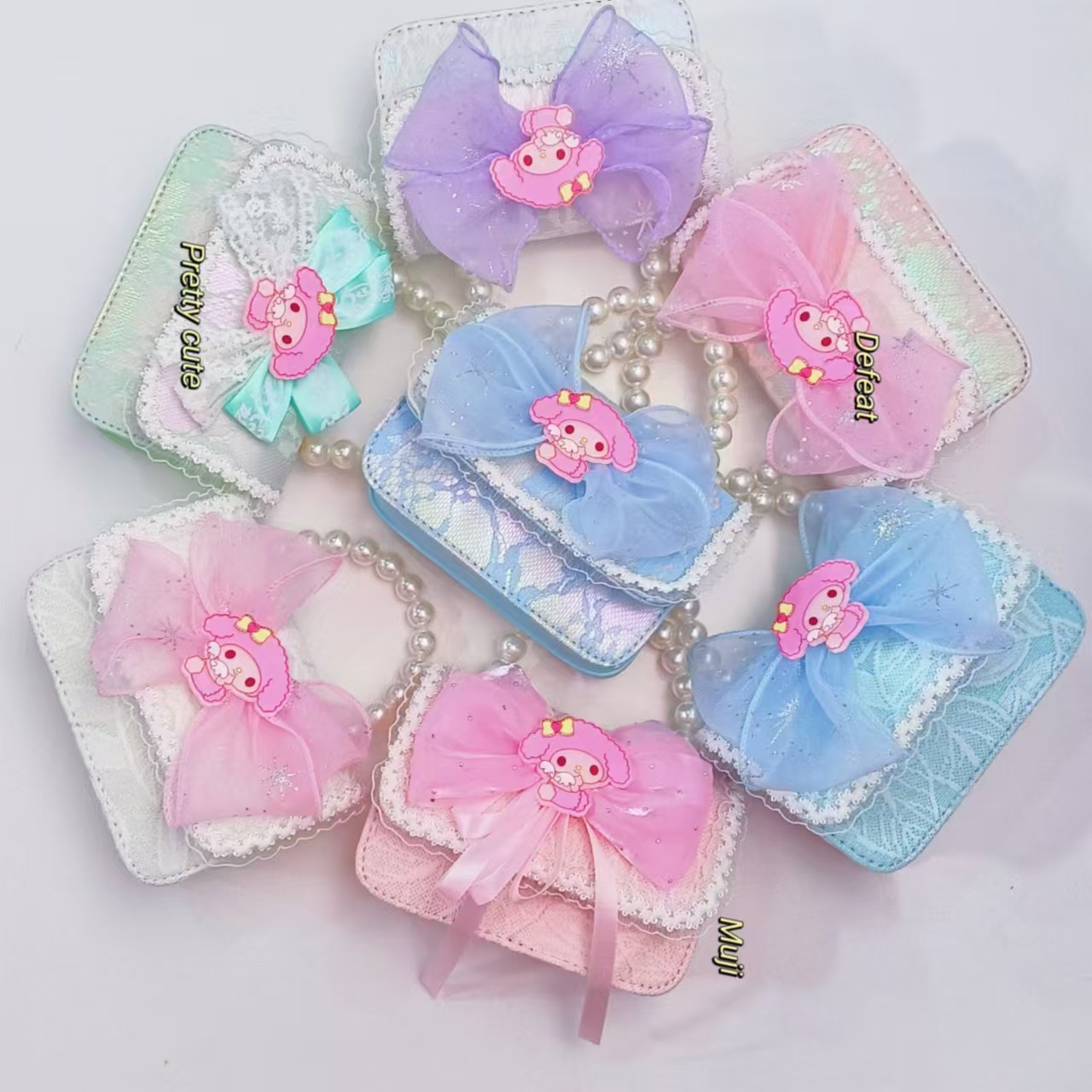Pearl handbag, princess bag, crossbody bag, small square bag with loose change, chain bag, Melody cartoon bag, bow for children details Picture