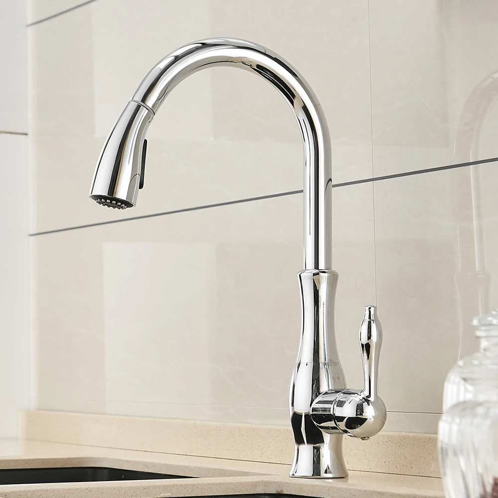Sink, kitchen hot and cold water faucet, mixed water, pull-out rotating anti-splash copper processing, household kitchen sink faucet details Picture