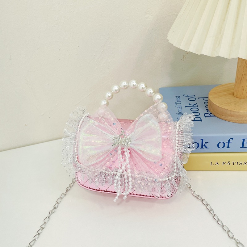 New children's bags, girls' pearl handbags, diamond-patterned lace bow, girls' single-shoulder bags, loose change crossbody bags are trendy details Picture