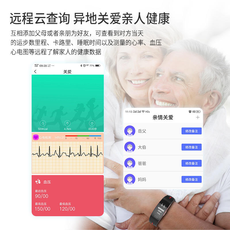 P3A smart bracelet continuously monitors body temperature, blood pressure, heart rate, electrocardiogram, heart rate and remote care for loved ones for 24 hours Specification drawing
