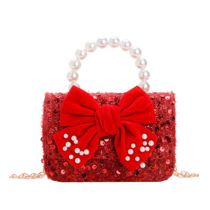 2025 Red Festive Children's New Year Greeting Bag, Stylish Pearl Girls' handbag, embroidered thread bow, children's crossbody bag Item Picture