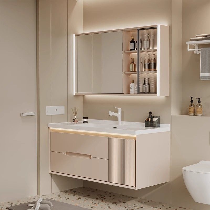 French light luxury bathroom cabinet, combined washbasin, ceramic integrated washbasin, smart washbasin, hand washing, bathroom cabinet, cream full figure
