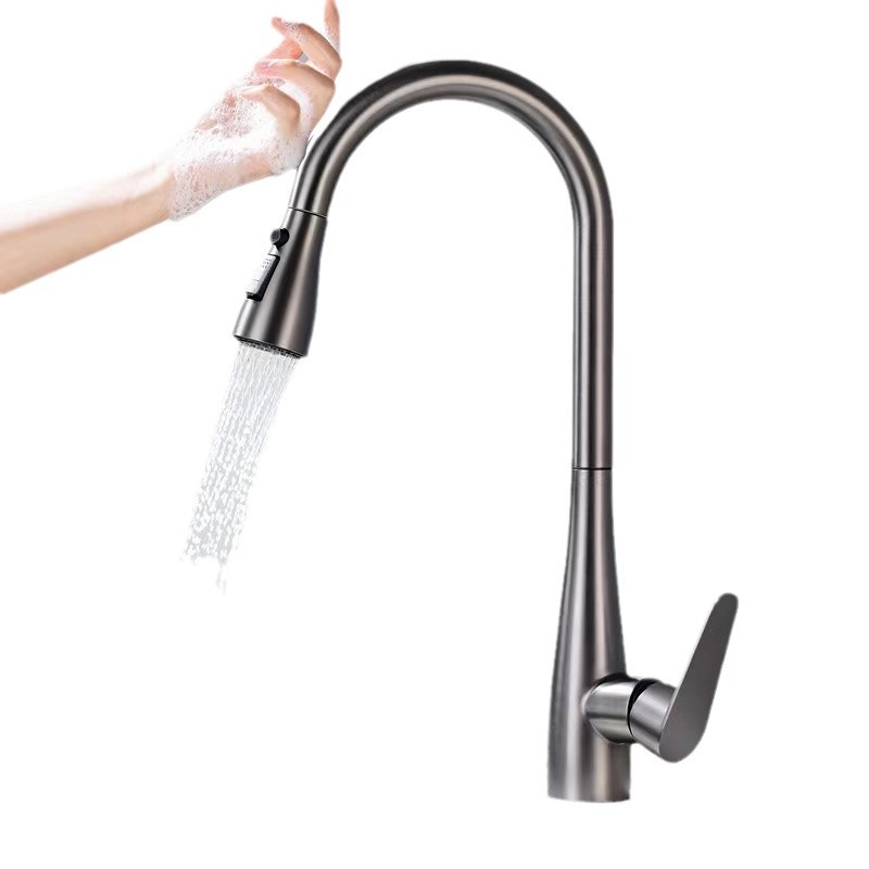 Cross-border kitchen sink, stainless steel cold and hot touch pull-out faucet, splash-proof, multi-mode water outlet, rotatable splash-proof Item Picture