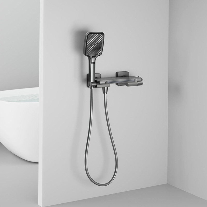 The bathroom features a full copper gun, a grey bathtub, a waterfall faucet, a hot and cold shower, and a wall-mounted shower head set Application Scenario