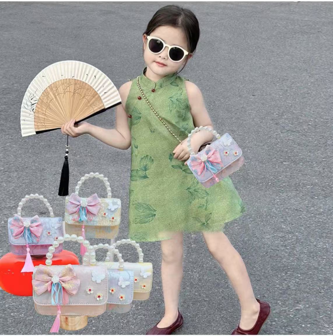 Chinese-style bow children's bag, little Chanel-style pearl coin purse, princess crossbody handbag, Hanfu accessory bag Specification drawing