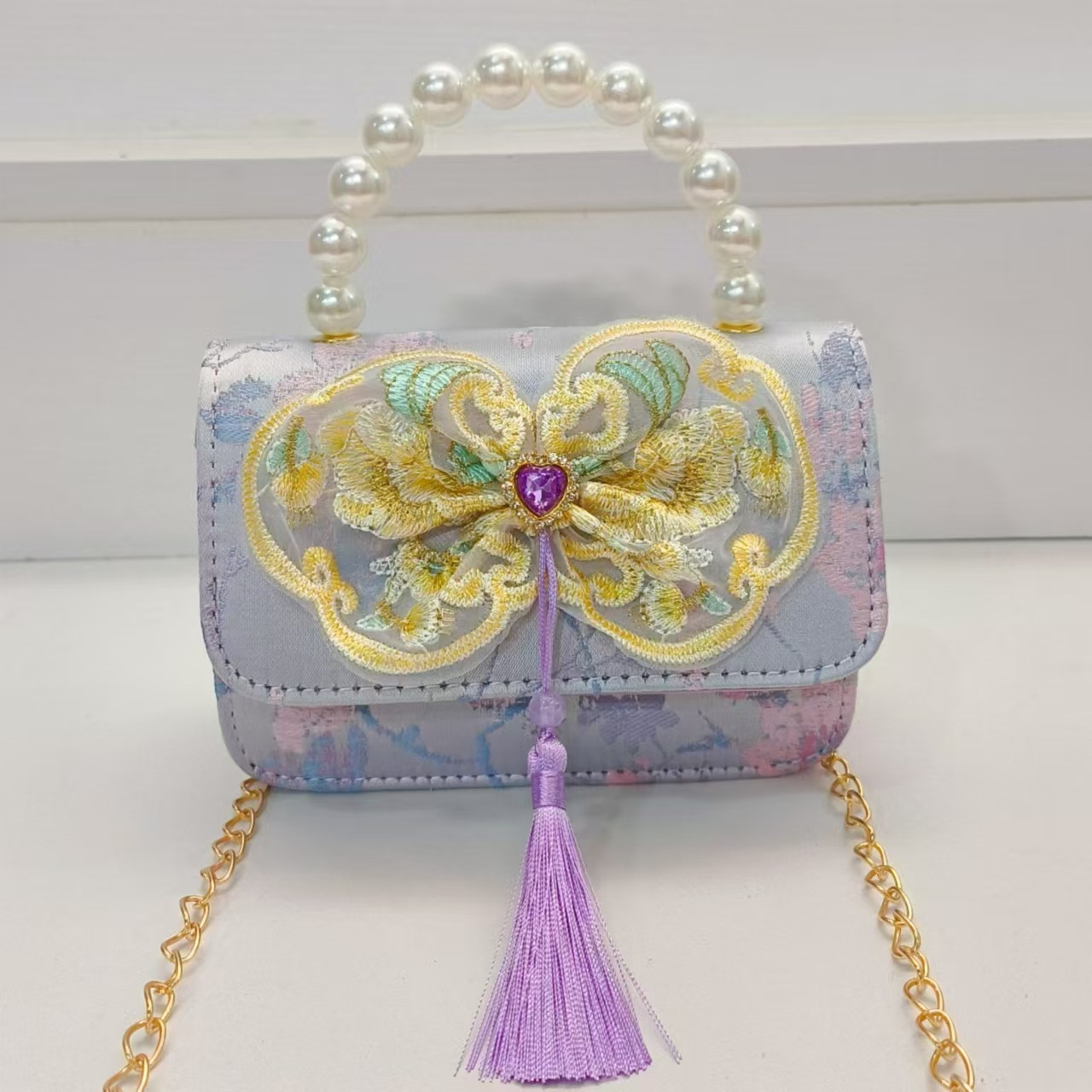 Pearl handbag, Chinese-style bow square bag, chain crossbody bag, girl's Hanfu, ancient-style accessory bag, girl's gift details Picture
