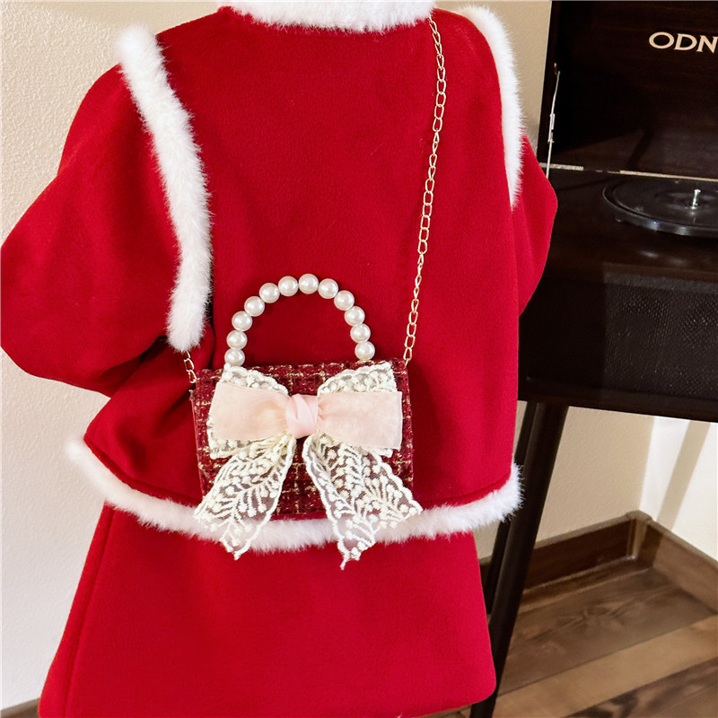 Children's bag, stylish New Year red little girl princess single-shoulder bag, festive and fashionable bow, cute crossbody bag Specification drawing