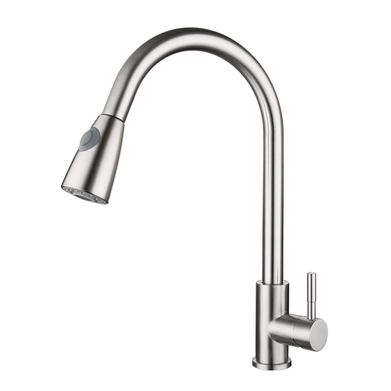 Cross-border 304 stainless steel kitchen pull-out faucet, cold and hot mixed water, brushed, rotatable sink, telescopic faucet Item Picture