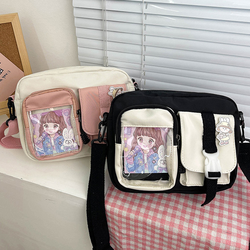 Japanese-style small bag girl, Korean ulzzang vintage style, cute and soft girl, transparent card student color-blocking crossbody bag Specification drawing