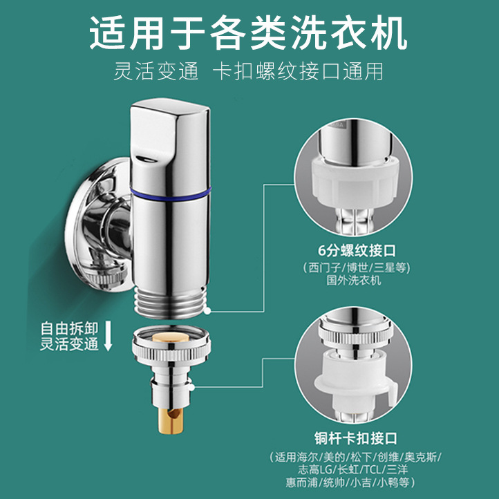 Washing machine faucet anti-detachment automatic water stop, one inlet and two outlets Angle valve, one split and two double control valve, double outlet faucet details Picture