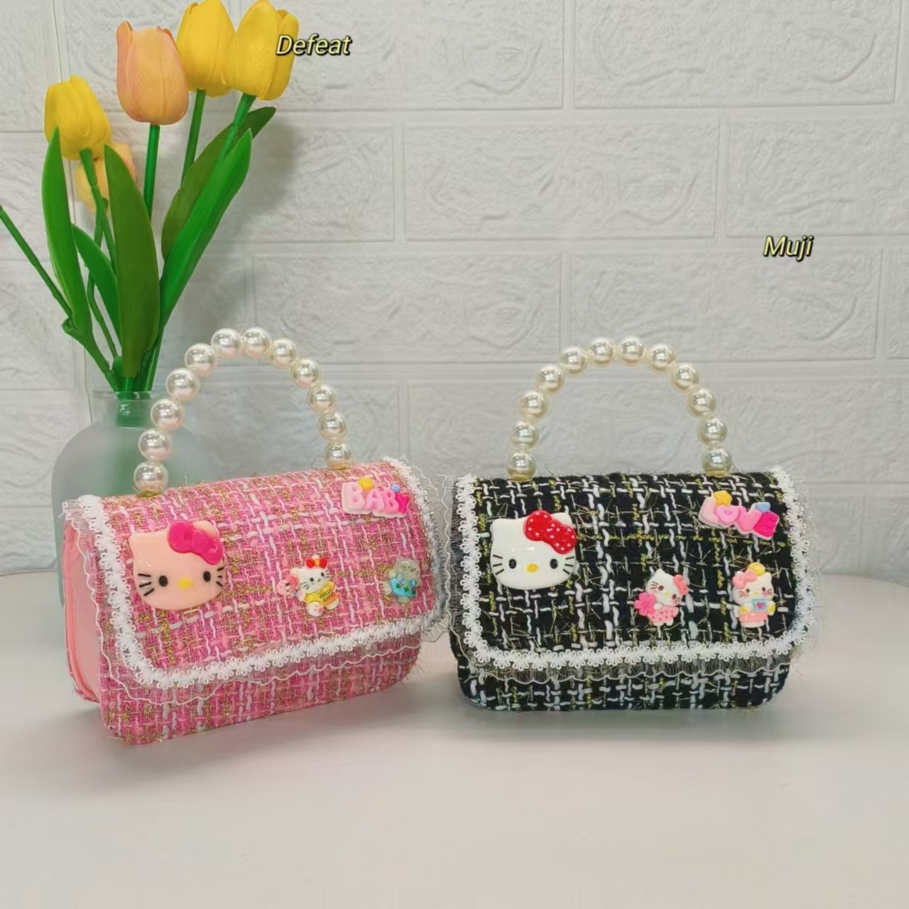 Pearl handbag, KT cat children's bag, Chanel-style chain bag, girl accessory bag, small square bag, single-shoulder crossbody bag Specification drawing