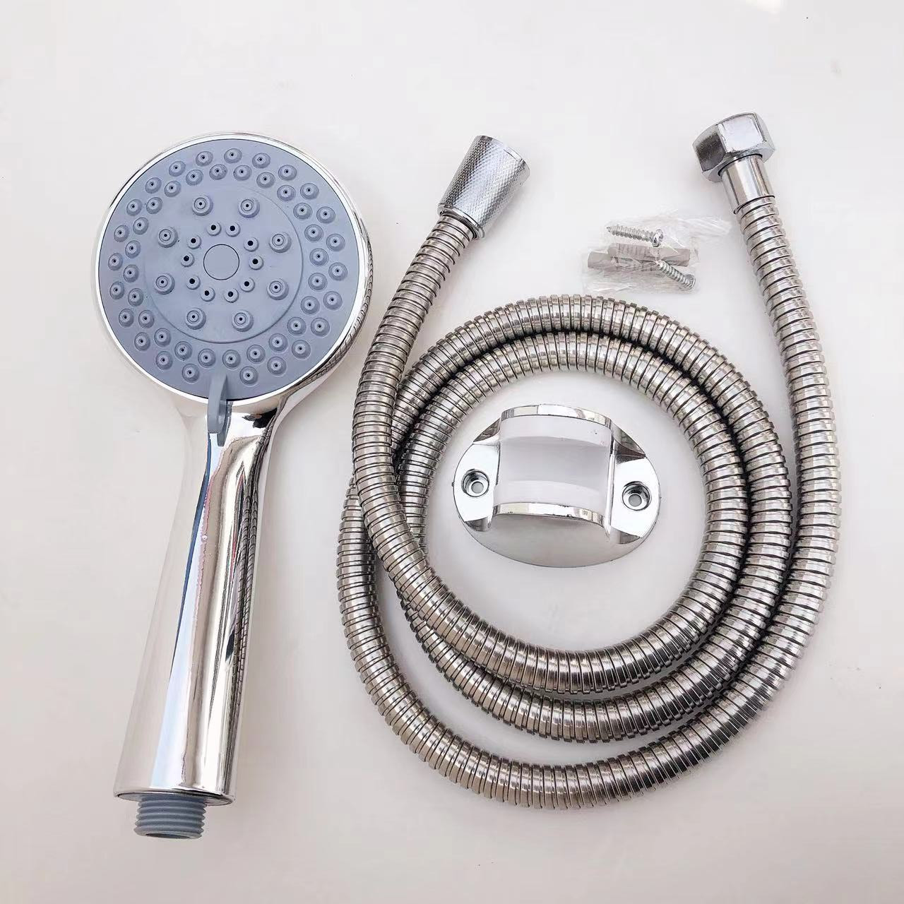 Xiamen hand-held shower head five-speed water outlet hose connection shower head three-piece set with paper card pattern included Specification drawing