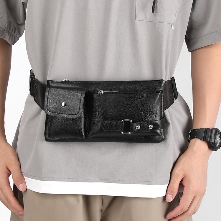 New men's PU leather waist bag, outdoor casual and fashionable black waist bag, men's business travel trendy waist and chest bag Specification drawing