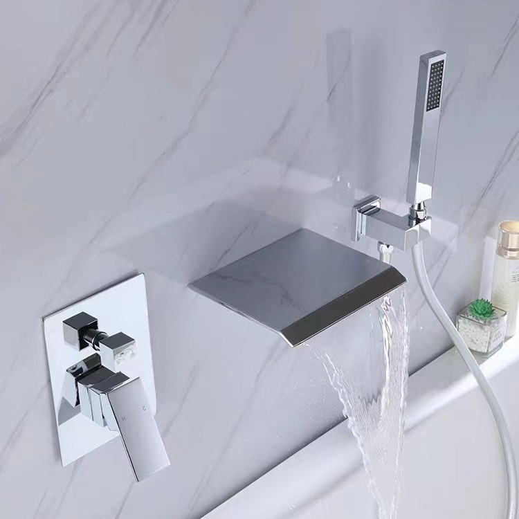 New Nordic waterfall bathtub faucet, concealed cold and hot wall-mounted black built-in faucet shower head full figure