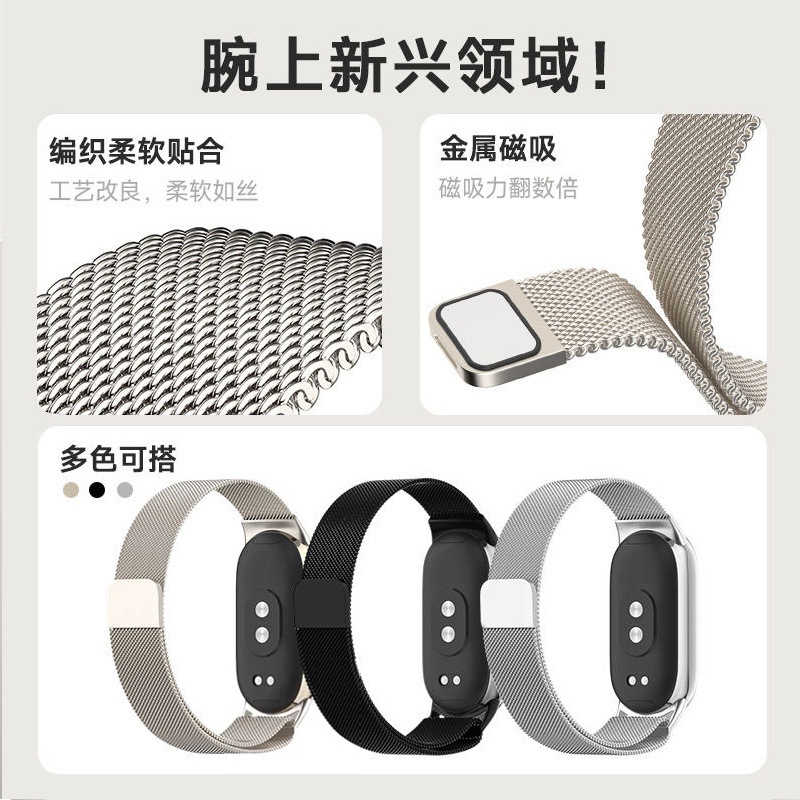 Suitable for Xiaomi Band 9, Shell 8, Milanese, high appearance level, breathable business digital quick-release magnetic watch Item Picture