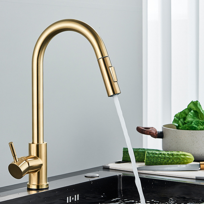 304 stainless steel kitchen pull-out faucet, gold and black brushed style sink and washbasin pull-out faucet full figure