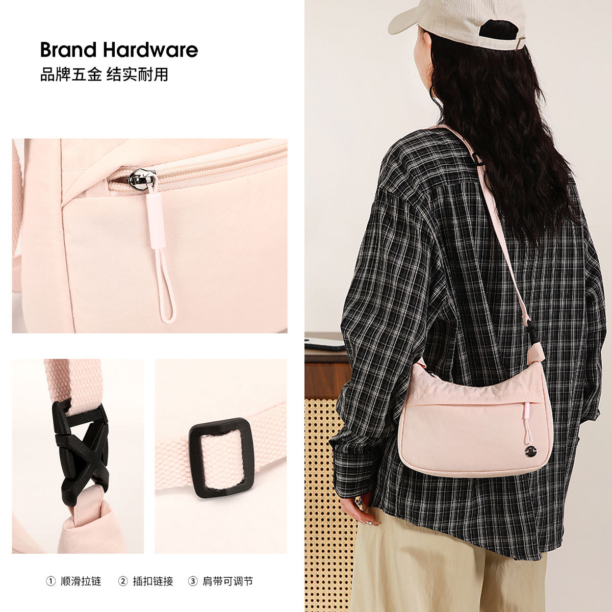 Crossbody bag for women, casual, fashionable, simple and versatile, large-capacity bag, high-end commuting and travel, nylon fabric single-shoulder bag Specification drawing