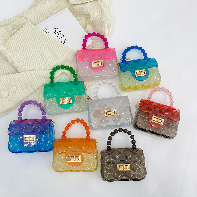 Jelly Bag 2025 New Style transparent small square bag, fashionable crossbody red envelope mini bag, children's bag, pearl chain bag full figure